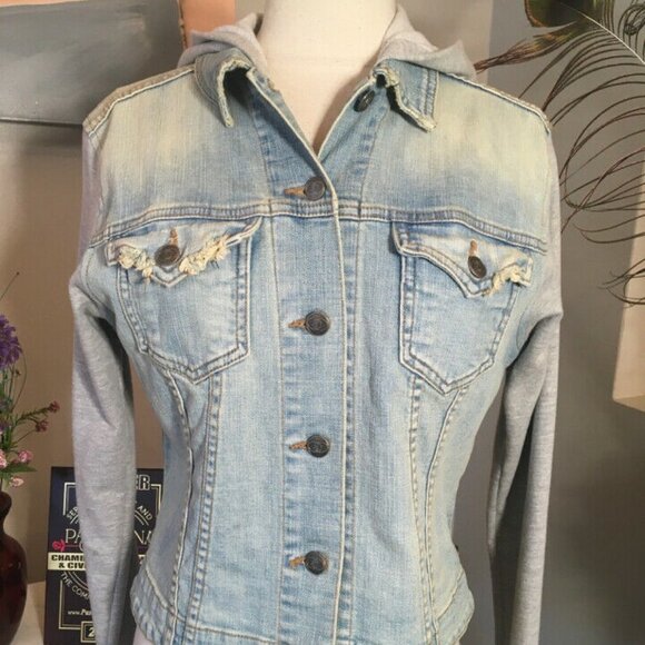 John Eshaya Blue Denim Gray Knit Hood Jacket